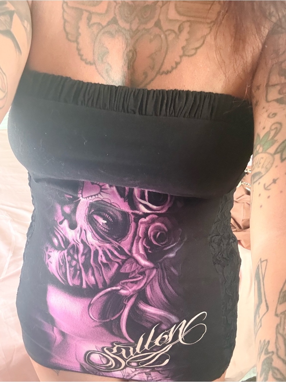 Womens Black Strapless Tunic Top with Purple Graphic - Picture 2 of 5